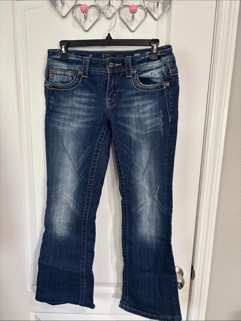 Miss Me Dark Blue Flare Jeans with Washed Detailing